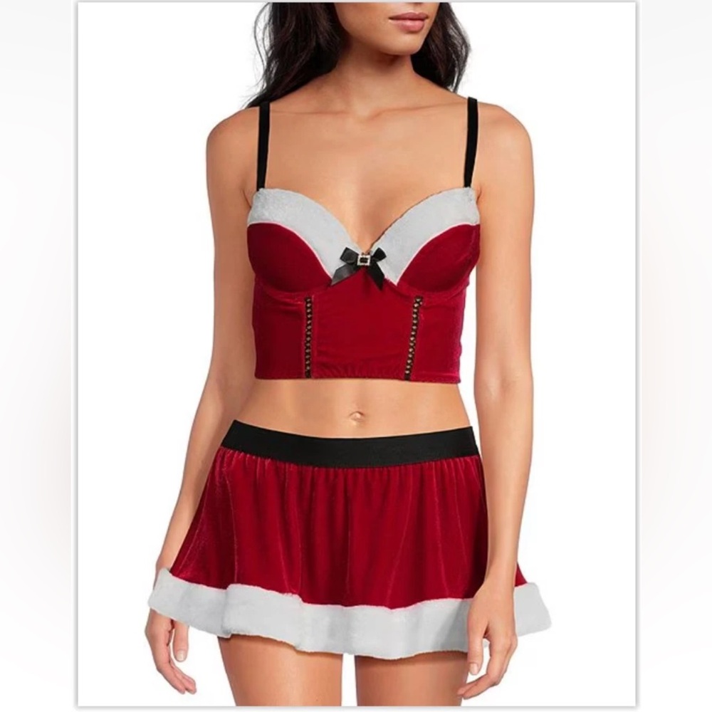 Cinema Etoile Padded Cup Velvet & Sherpa Santa Baby Bustier,Skirt & G-String Set
